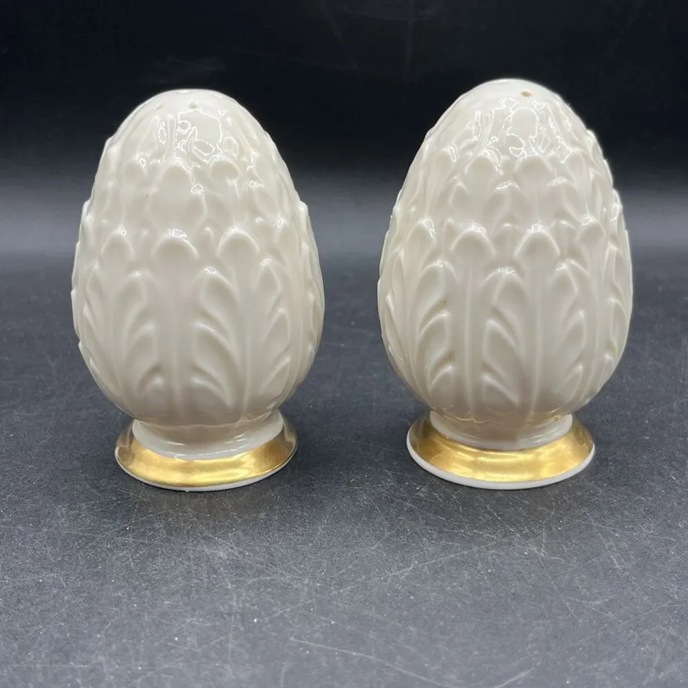 Lenox Woodleaf Salt & Pepper Shakers Vintage 1978 Gold Trim 3